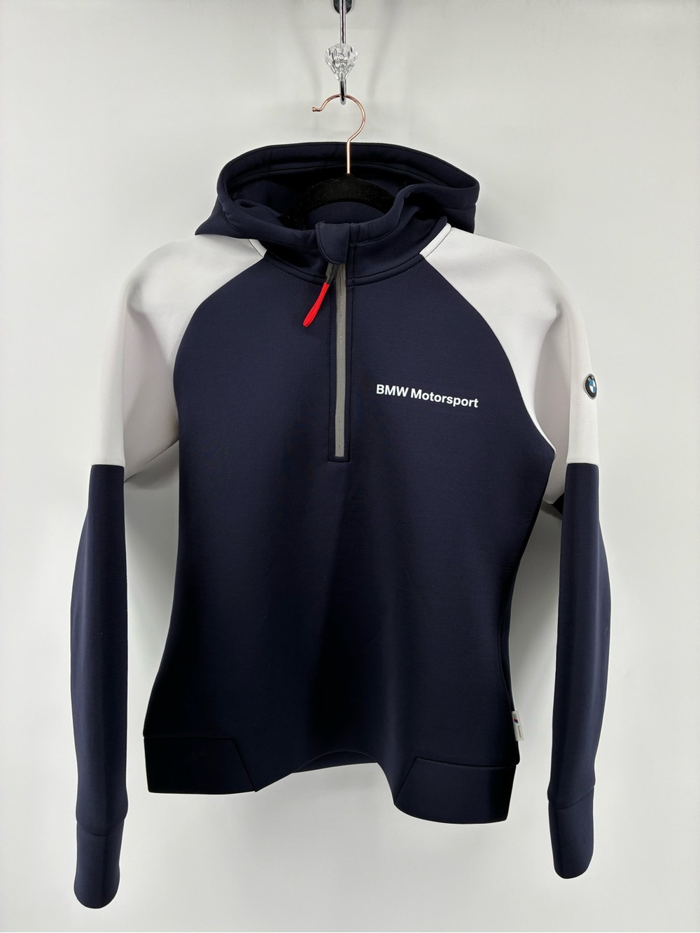 BMW Navy Hoodie with White Shoulder Panels and Hood Stripes